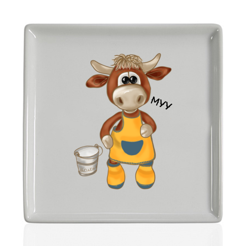 printio холст 50×50 корова му Printio Тарелка квадратная Корова с ведром молока
