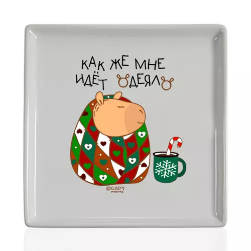 Заказать тарелку в Москве. Тарелка квадратная Мем капибара и плед, надпись: мне идет одеяло от condratkovas@yandex.ru - готовые дизайны и нанесение принтов.