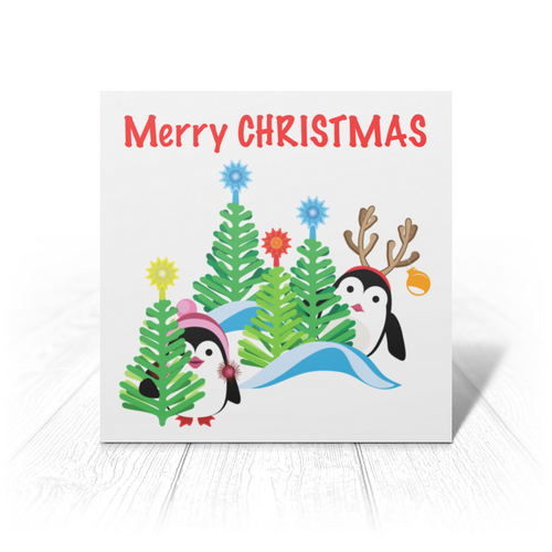 Заказать открытку в Москве. Открытка 15x15 см Пингвины в новогоднем лесу от IrinkaArt  - готовые дизайны и нанесение принтов.