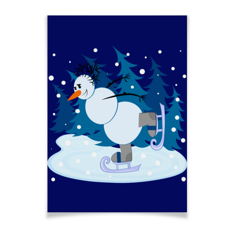 Printio Плакат A3(29.7×42) Снеговик среди голубых елок катается на коньках плакат зима
