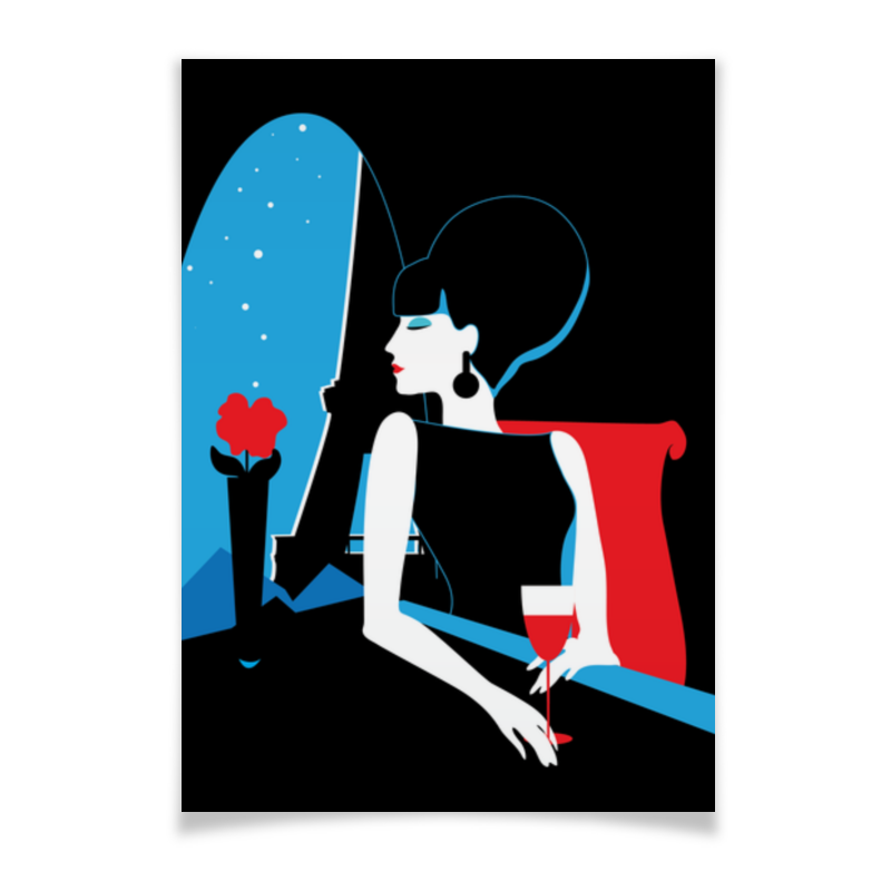 Printio Плакат A3(29.7×42) Красивая француженка с бокалом вина и цветком