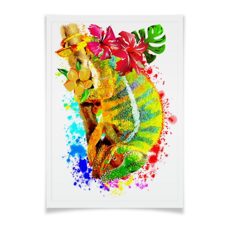 цена Printio Плакат A3(29.7×42) Хамелеон с цветами в пятнах краски.