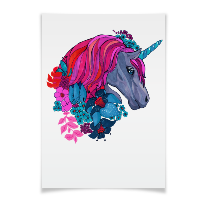 Printio Плакат A2(42×59) Единорог с розовыми волосами в цветах