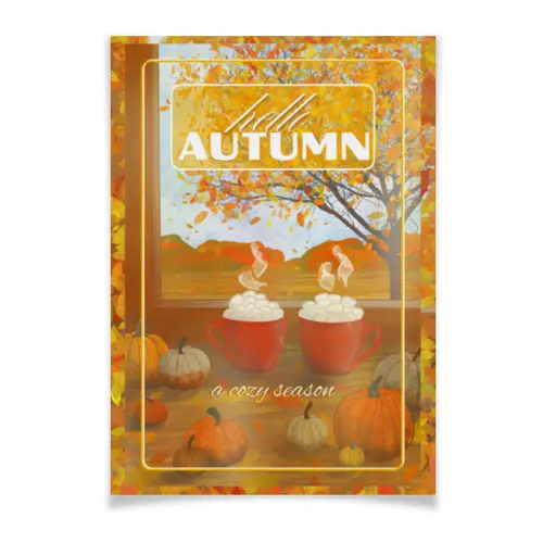 Заказать плакат в Москве. Плакат A2(42x59) Cozy Autumn - тыквы и чашки от Cafe Deco  - готовые дизайны и нанесение принтов.