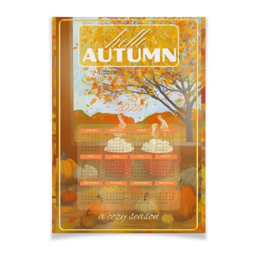 Заказать плакат в Москве. Плакат A2(42x59) Cozy Autumn - тыквы и чашки от Cafe Deco  - готовые дизайны и нанесение принтов.