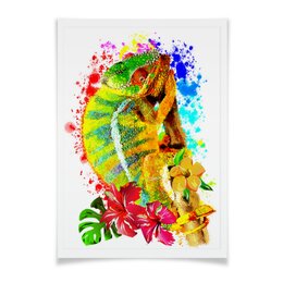 Заказать плакат в Москве. Плакат A2(42x59) Хамелеон с цветами в пятнах краски. от Zorgo-Art  - готовые дизайны и нанесение принтов.