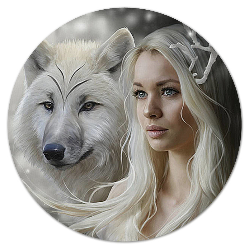 Printio Коврик для мышки (круглый) Волки фэнтези. белая волчица