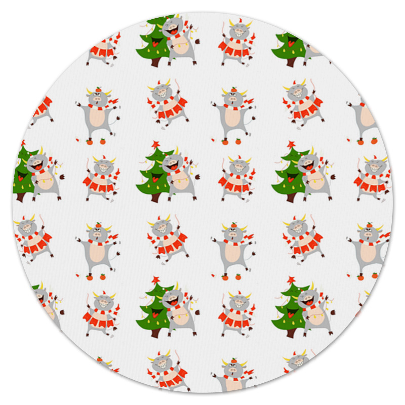 Printio Коврик для мышки (круглый) Новогодние быки на белом фоне. паттерн