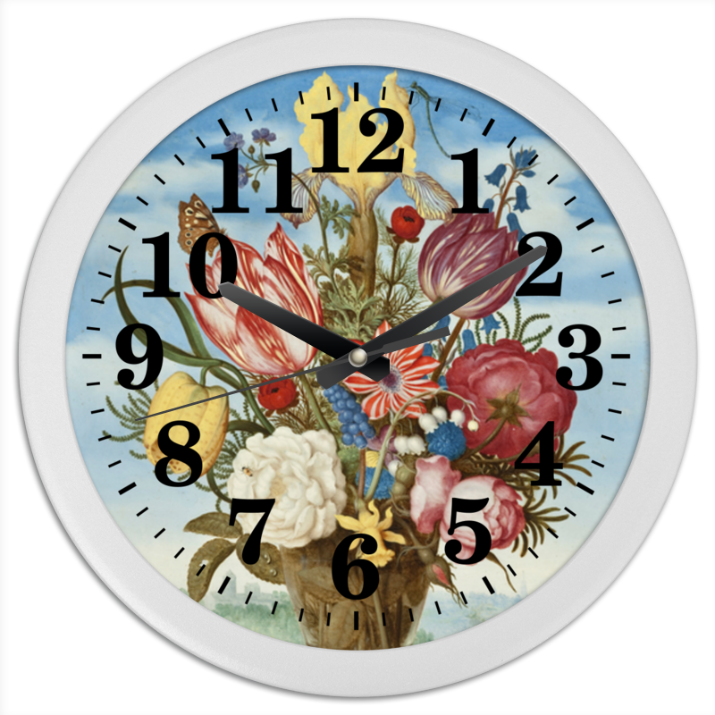 Printio Часы круглые из пластика Букет цветов на полке (амброзиус босхарт) printio часы квадратные из пластика под дерево букет цветов на полке амброзиус босхарт