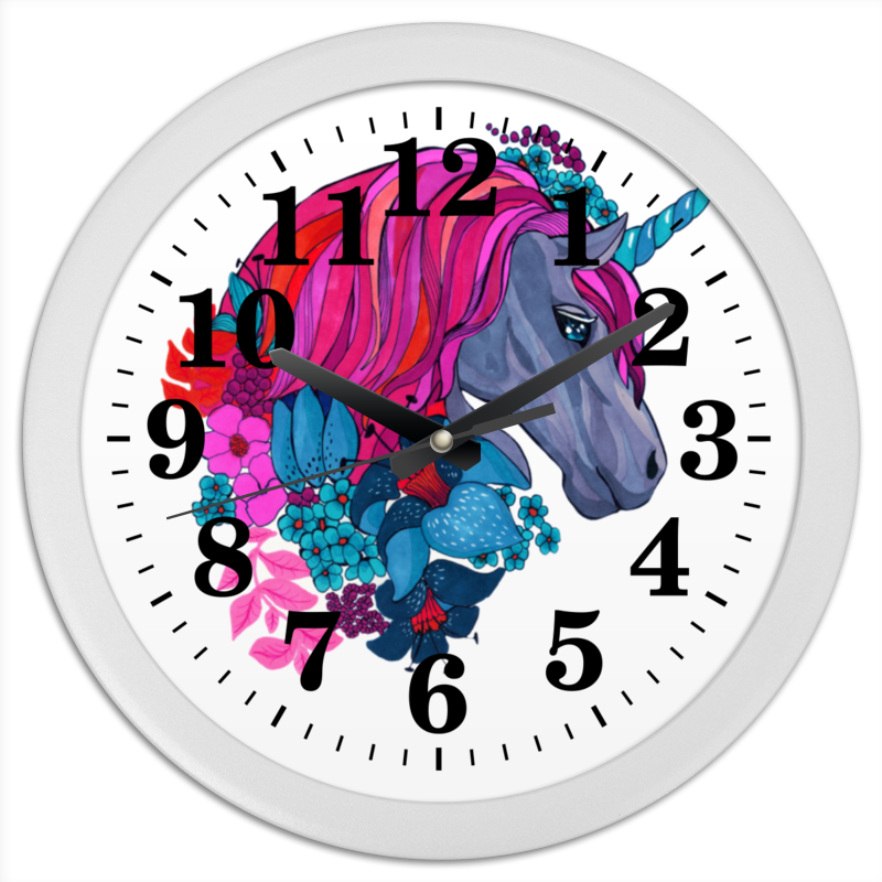 Printio Часы круглые из пластика Единорог с розовыми волосами в цветах