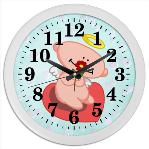Заказать часы для офиса в Москве. Часы круглые из пластика Влюбленный ангелок с сердцем от Ordwen - готовые дизайны и нанесение принтов.