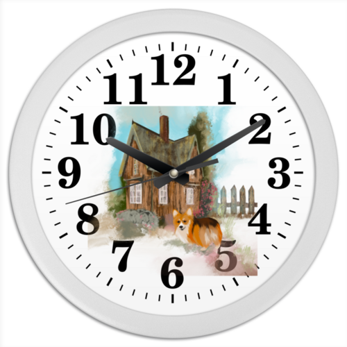 Заказать часы для офиса в Москве. Часы круглые из пластика домик корги от juliafast77 - готовые дизайны и нанесение принтов.