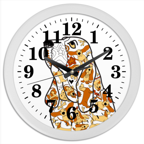 Заказать часы для офиса в Москве. Часы круглые из пластика смешная собака бассет от Игма - готовые дизайны и нанесение принтов.