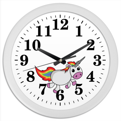 Заказать часы для офиса в Москве. Часы круглые из пластика Единорог радужный от hariko - готовые дизайны и нанесение принтов.