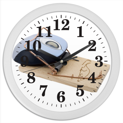 Заказать часы для офиса в Москве. Часы круглые из пластика Компьютерная мышка в мышеловке от Тима Старк - готовые дизайны и нанесение принтов.
