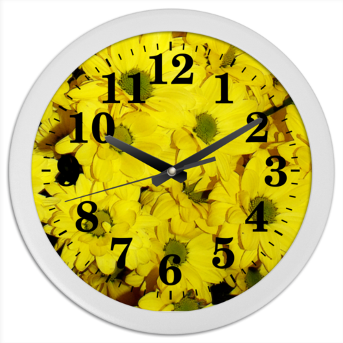 Заказать часы для офиса в Москве. Часы круглые из пластика Жёлтые хризантемы от Aleksa - готовые дизайны и нанесение принтов.