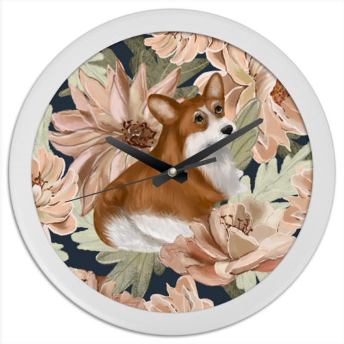 Заказать часы для офиса в Москве. Часы круглые из пластика цветочный корги от juliafast77 - готовые дизайны и нанесение принтов.
