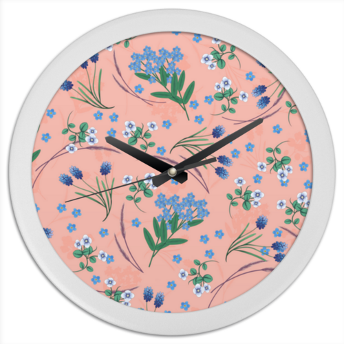 Заказать часы для офиса в Москве. Часы круглые из пластика НЕЗАБУДКИ НА РОЗОВОМ от ELENA ZHARINOVA - готовые дизайны и нанесение принтов.
