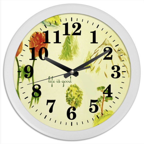 Заказать часы для офиса в Москве. Часы круглые из пластика Горы, сосны и цветы от mrs-snit@yandex.ru - готовые дизайны и нанесение принтов.