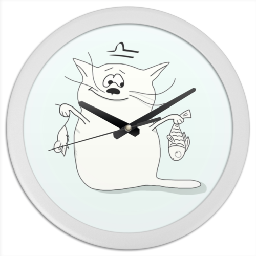 Заказать часы для офиса в Москве. Часы круглые из пластика Кот-Весы от antoninayakhina  - готовые дизайны и нанесение принтов.