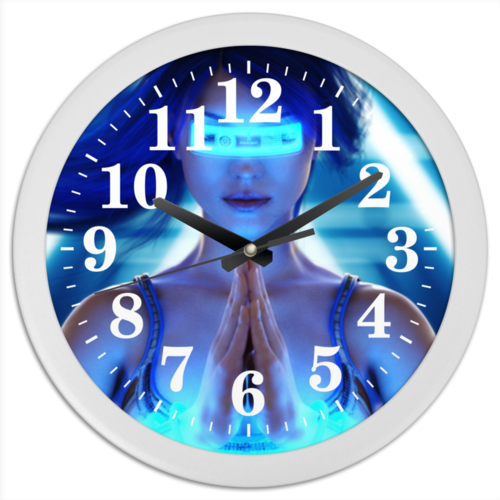 Заказать часы для офиса в Москве. Часы круглые из пластика Девушка из будущего от Дана Столыпина - готовые дизайны и нанесение принтов.