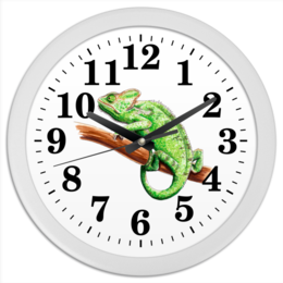 Заказать часы для офиса в Москве. Часы круглые из пластика Зеленый хамелеон на ветке от tigerda  - готовые дизайны и нанесение принтов.