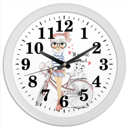 Заказать часы для офиса в Москве. Часы круглые из пластика Девушка и котёнок от Елена Гришина - готовые дизайны и нанесение принтов.