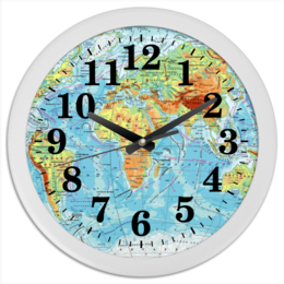 Заказать часы для офиса в Москве. Часы круглые из пластика Карта мира от Елена Гришина - готовые дизайны и нанесение принтов.