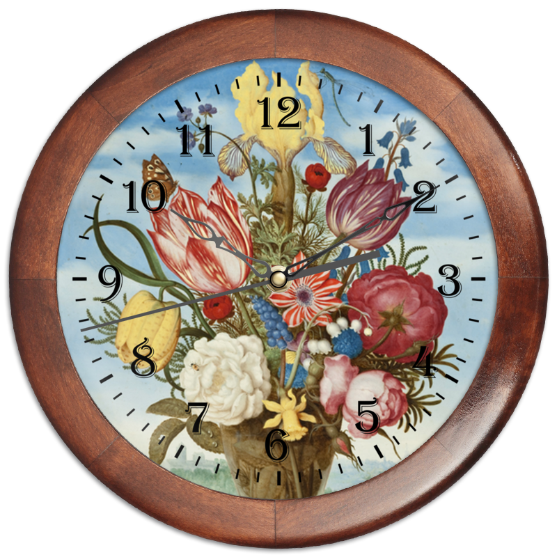 Printio Часы круглые из дерева Букет цветов на полке (амброзиус босхарт) printio часы квадратные из пластика под дерево букет цветов на полке амброзиус босхарт