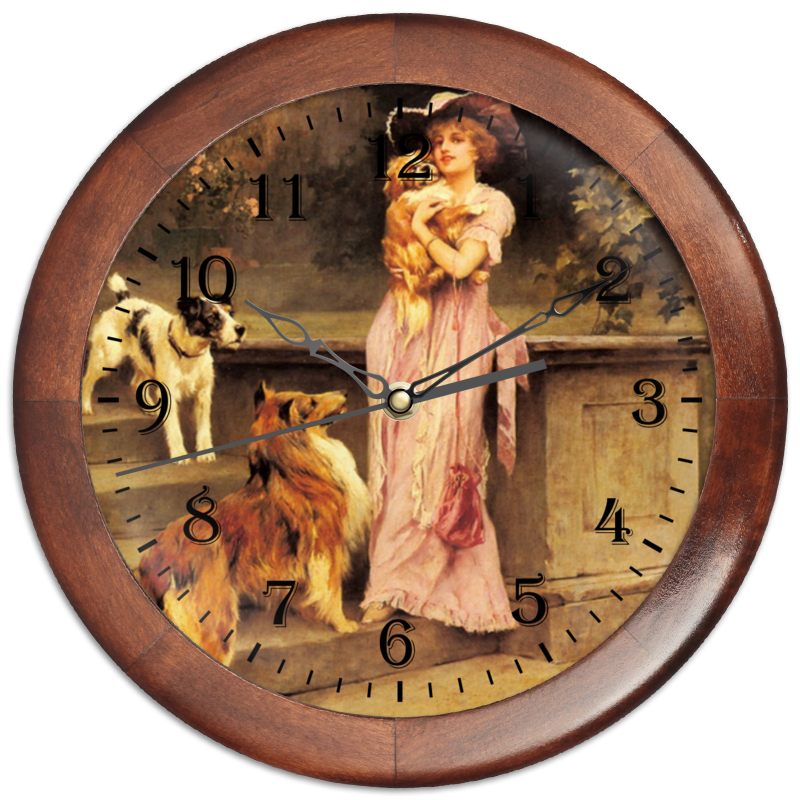 Printio Часы круглые из дерева Девушка с собаками