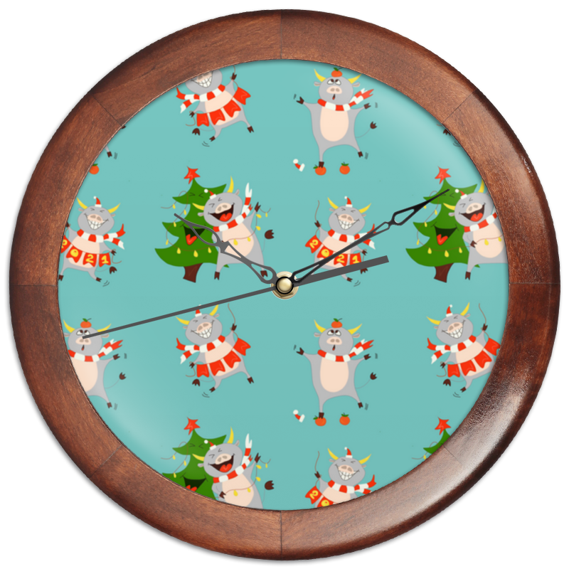 Printio Часы круглые из дерева Новогодние быки на голубом фоне. паттерн