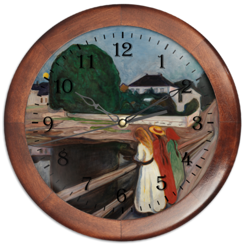 Заказать часы для офиса в Москве. Часы круглые из дерева Девушки на мосту (картина Эдварда Мунка) от trend - готовые дизайны и нанесение принтов.