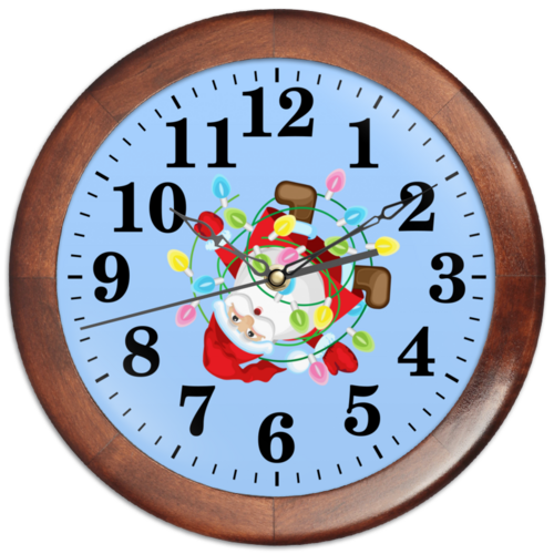 Заказать часы для офиса в Москве. Часы круглые из дерева Санта в гирлянде. от IrinkaArt  - готовые дизайны и нанесение принтов.