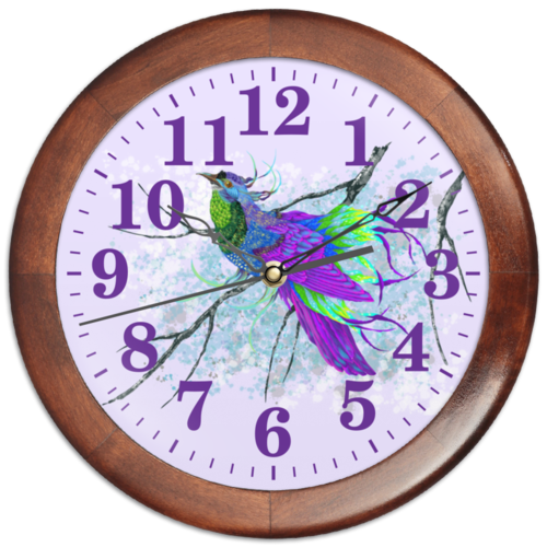 Заказать часы для офиса в Москве. Часы круглые из дерева Сиреневая птица от Светлана Цупрова - готовые дизайны и нанесение принтов.