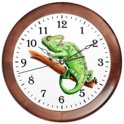 Заказать часы для офиса в Москве. Часы круглые из дерева Зеленый хамелеон на ветке от tigerda  - готовые дизайны и нанесение принтов.