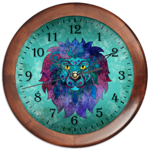Заказать часы для офиса в Москве. Часы круглые из дерева Яркий лев от Ordwen - готовые дизайны и нанесение принтов.