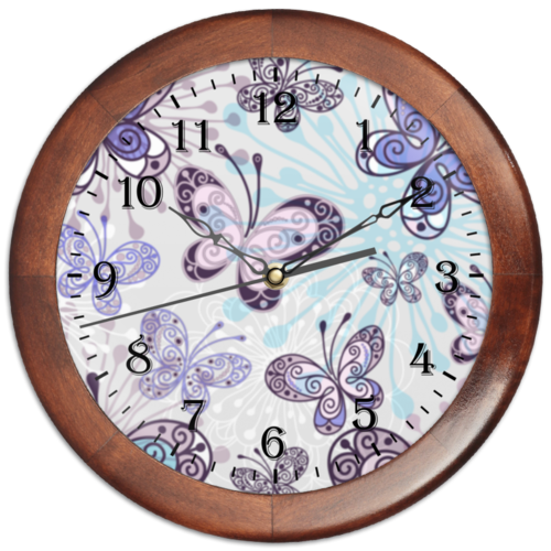 Заказать часы для офиса в Москве. Часы круглые из дерева Фиолетовые бабочки от weeert - готовые дизайны и нанесение принтов.