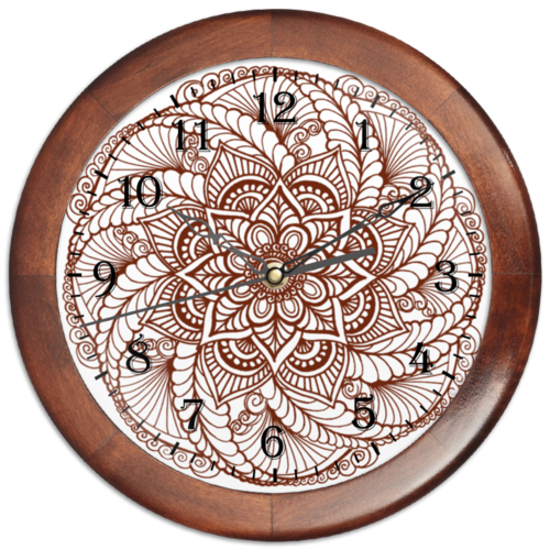 Заказать часы для офиса в Москве. Часы круглые из дерева Цветок в стиле мехенди от Achadidi.printio.ru  - готовые дизайны и нанесение принтов.