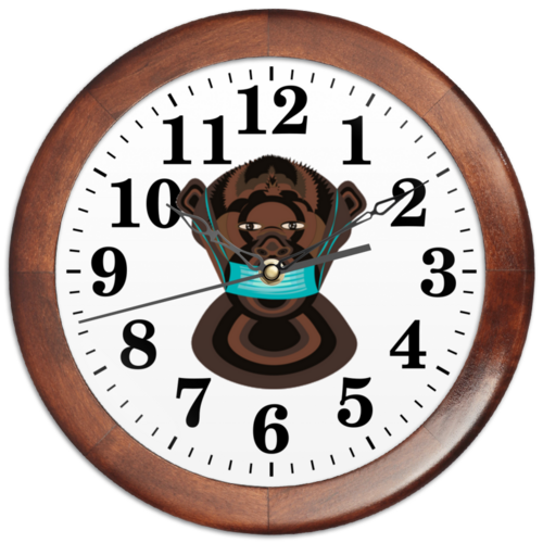 Заказать часы для офиса в Москве. Часы круглые из дерева  Шимпанзе в маске от Stil na yarkosti - готовые дизайны и нанесение принтов.