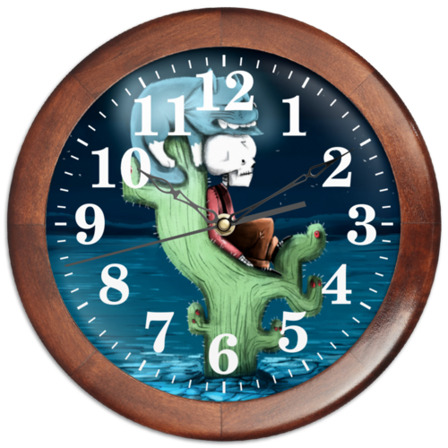 Заказать часы для офиса в Москве. Часы круглые из дерева Скелет и жуткий кот от Дана Столыпина - готовые дизайны и нанесение принтов.
