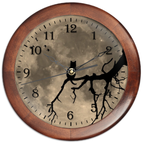 Заказать часы для офиса в Москве. Часы круглые из дерева Луна и кот от scrat29@yandex.ru - готовые дизайны и нанесение принтов.