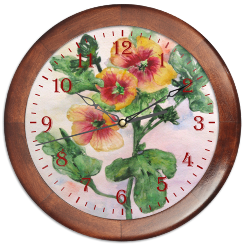 Заказать часы для офиса в Москве. Часы круглые из дерева Солнечная мальва от Anna Lomachenko - готовые дизайны и нанесение принтов.