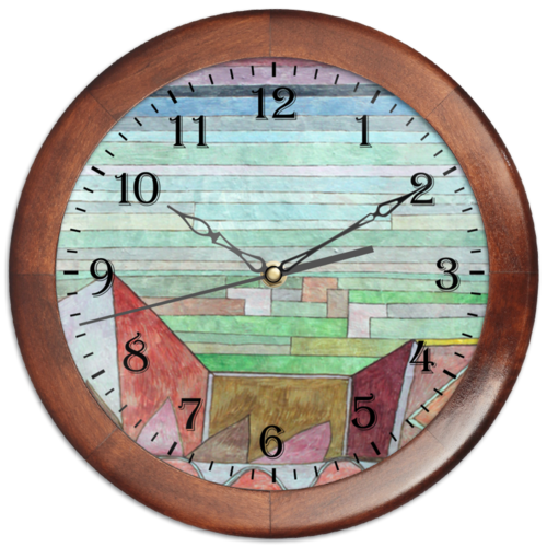 Заказать часы для офиса в Москве. Часы круглые из дерева Вид на плодородную страну (картина Клее) от trend - готовые дизайны и нанесение принтов.