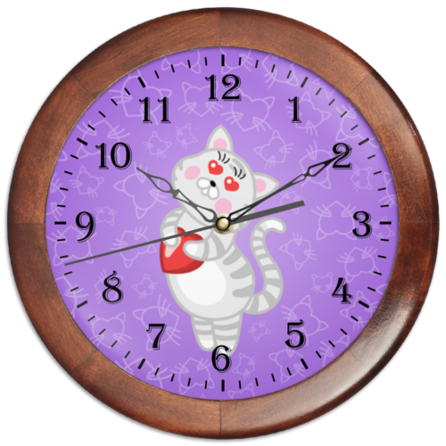 Заказать часы для офиса в Москве. Часы круглые из дерева Влюбленная кошечка от Ordwen - готовые дизайны и нанесение принтов.