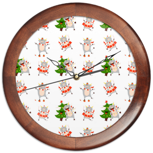 Заказать часы для офиса в Москве. Часы круглые из дерева Новогодние быки на белом фоне. Паттерн от antoninayakhina  - готовые дизайны и нанесение принтов.