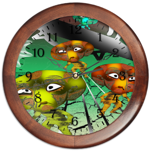 Заказать часы для офиса в Москве. Часы круглые из дерева Инопланитяне от Stil na yarkosti - готовые дизайны и нанесение принтов.