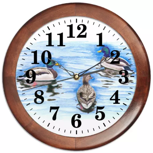 Заказать часы для офиса в Москве. Часы круглые из дерева Дикие утки от Алия Хабибуллина - готовые дизайны и нанесение принтов.