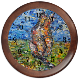 Заказать часы для офиса в Москве. Часы круглые из дерева Осенний кот от rikart - готовые дизайны и нанесение принтов.