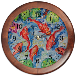 Заказать часы для офиса в Москве. Часы круглые из дерева Золотые рыбки от rikart - готовые дизайны и нанесение принтов.