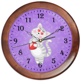 Заказать часы для офиса в Москве. Часы круглые из дерева Влюбленная кошечка от Ordwen - готовые дизайны и нанесение принтов.